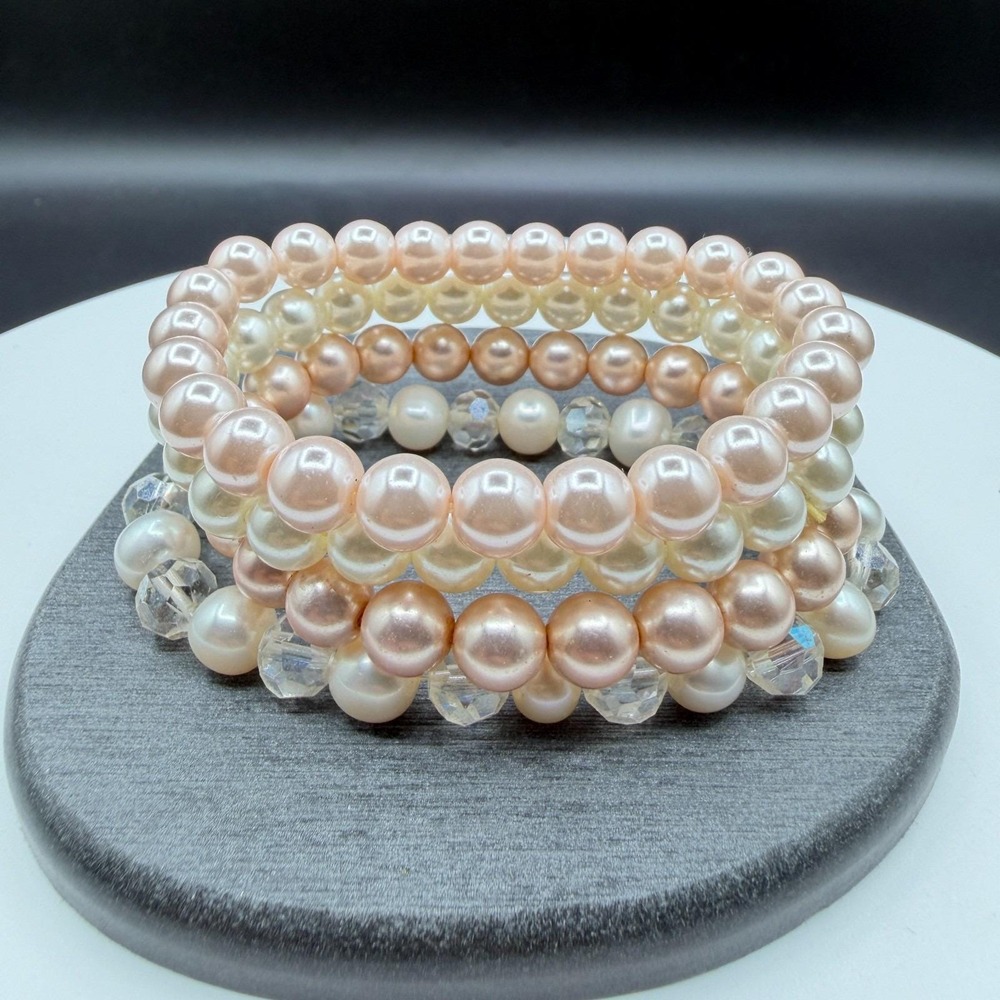 4 Faux Pearl Stretch Bracelets Pink Cream Champagne Crystal Bead Stackable Lot